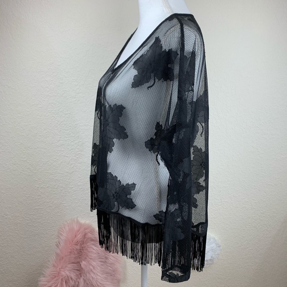 ASTR Black Sheer Leaf Print Fringe Top - Picture 7 of 12